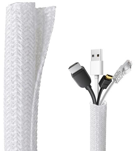 5m(16.4ft), 13mm(1/2)White Cable Tidy Sleeve, Cable Protector Animal Proof | Expandable Pes Cable Covers Split Sleeving for Power Usb Audio Video Home Office Car Electronics