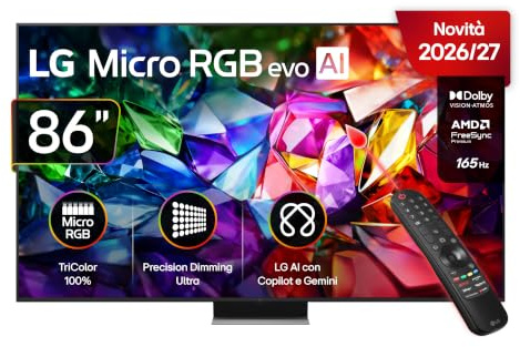 LG Micro RGB 86 Pollici, Serie MRGB96 2026 Smart TV 4K - 86MRGB96B6B | TriColor 100% BT2020/DCI-P3, Micro Dimming Ultra, Dolby Vision & Atmos, Gemini, Motion Booster 330, WebOS 2026