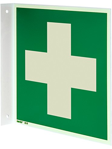 Erste Hilfe Fahnenschild, Langnachleuchtendes Hart-PVC Schild, 200 x 200 mm, Rettungszeichen ISO 7010 E003, DIN ASR A1.3, Innen- & Außenbereich, einseitig verwendbar