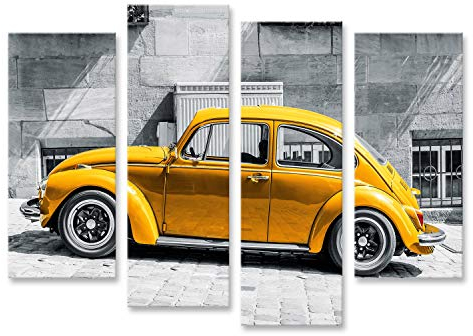Bild Bilder auf Leinwand Käfer Vintage Beetle Gelb vor Schwarz Weißem Hintergrund Wandbild, Poster, Leinwandbild MRR
