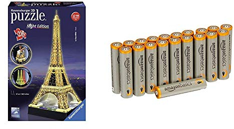 Ravensburger 125791 Eiffelturm bei Nacht Puzzle 3D-Puzzle Bauwerk Night Edition, 216 Teile mit Amazon Basics Batterien