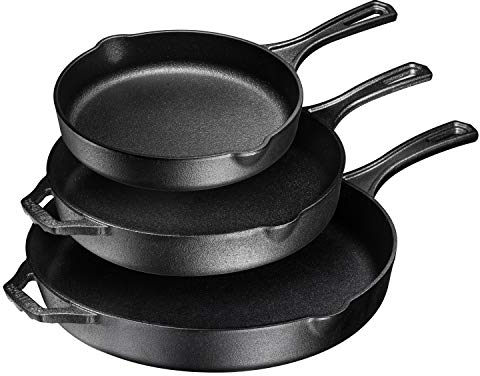 Bruntmor 8, 10 and 12 Inch Pre-Seasoned Frying Pan Set of 3, Oven Safe Skillet, Grill Pan Set, Nonstick Cookware with Side Drip Lips, Black