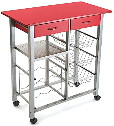 Versa Leicester Carro de Cocina con Ruedas, cajones y botellero, Verdulero con despensa y organizadores, Almacenaje de Cocina, Medidas (Al x L x An) 82 x 40 x 76 cm, Madera y Metal, Color Rojo