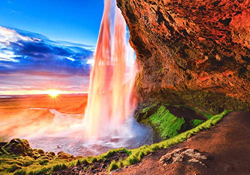 wandmotiv24 Fototapete Sonnenuntergang mit Wasserfall, XS 150 x 105cm - 3 Teile, Wanddeko, Wandbild, Wandtapete, Himmel, Wolken, Felsen M5767
