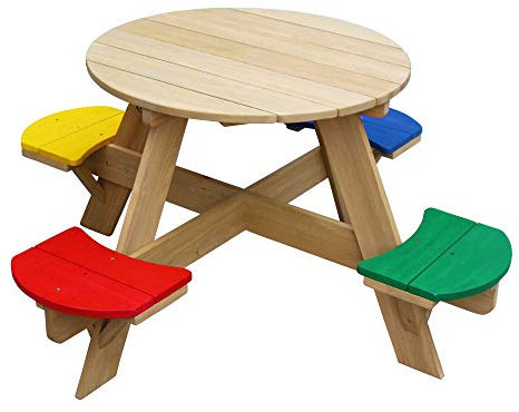 AXI UFO Picknicktisch Rund für Kinder aus Holz | Runder Kindertisch für den Garten in Regenbogen Farben mit 4 Sitzen