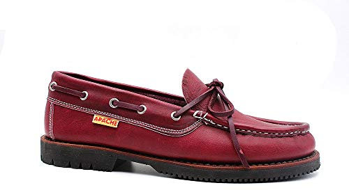 APACHE - Zapato náutico de Piel Apache 412, Hecho a Mano con Cierre de Cordones y Suela de Goma para: Hombre Color: Burdeos Talla:41