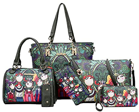 NIYUTA Borse da donna 6 pezzi Set da donna con manico superiore Borsa a tracolla grande in pelle PU con tracolla - Nero verde