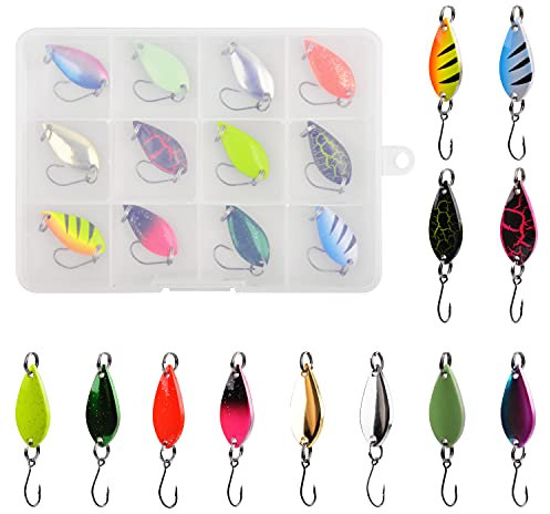 Trout Fishing Spoons Lure Kits-12pcs/set Fishing Spinners Kit Hard Metal Baits Single Hook with Plastic Box for Trout, Char Pike and Perch Fishing Accessories (SET C)
