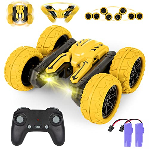 Highttoy Voiture Télécommandée Enfant, 4x4 Voiture Cascade Telecommandé Tout Terrain Rotation à 360° avec 2 Piles Rechargeables, Musique et LED Jouet Enfant 3 4 5 6 7 8 9 10 Ans Cadeau, Jaune