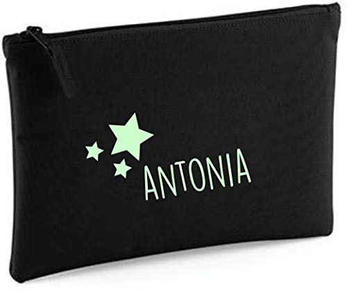 minimutz personalisierte Kosmetiktasche für Mädchen | Motiv Sterne & Namensdruck | Schminktasche für Kinder inkl. Name | Kulturtasche Make-up Täschchen mit Reißverschluss | 28cm x 19cm (schwarz)