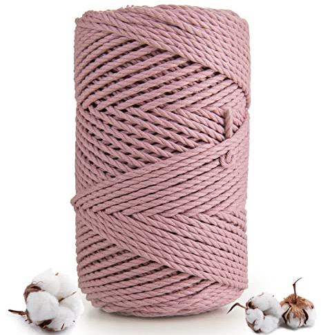 UKropes Macrame Cord 3mm 3-ply DUSTY PINK Macrame Cotton Rope, Craft String for Knitting, Crochet, Macramé for Handmade Wall Hanging, Dream Catcher, Plant Hangers, Kit, DIY projects