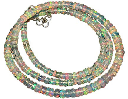 925 Sterling Silber 4 mm bis 6 mm natürliche äthiopische Welo Feueropal facettierte Rondelle Edelstein Perlen Halskette für Frauen | AAA-Qualität Opal perlen | 18-Zoll-Opal-Halskette | Opalschmuck