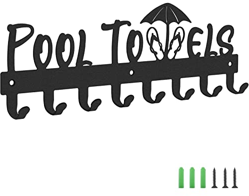 Pool Handtuchhalter mit 8 Haken, Handtuchhalter Wandmontage für Außenbereich oder Badezimmer, Kleidung,Perfekter Poolbereich Außenschild und Dekor (schwarz)