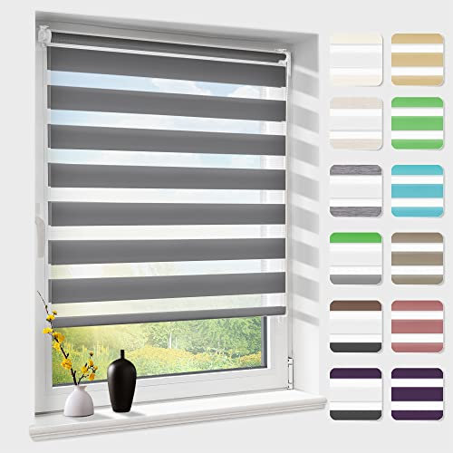 Doppelrollo klemmfix ohne Bohren, Duo Rollos für Fenster & Tür mit Bohren, Anthrazit B110 x H150cm (Stoffbreite 106cm), Fensterrollo lichtdurchlässig & verdunkelnd, Klemmrollo Sonnenschutz