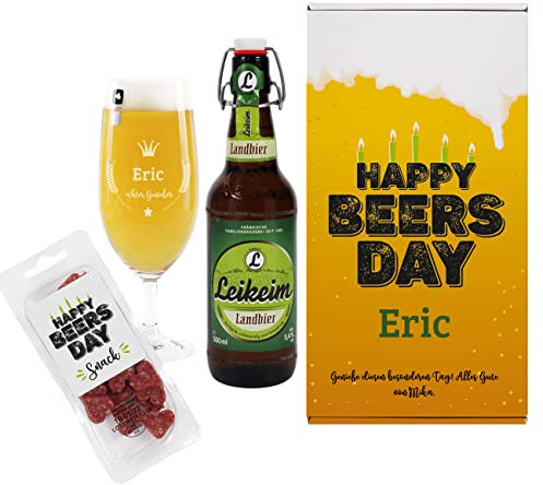 Herz & Heim® Witziges Geburtstagsset -Happy Beersday- mit Salamiherzen, Pilstulpe, Bier (0.5L) und Geschenkbox