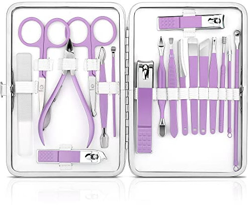 Maniküre Set Professionelle Maniküre und Pediküre Kit Frauen Grooming Kit Nagelknipser Set 18Pcs Nagelpflege Werkzeuge mit tragbaren Reisekoffer (lila)…