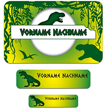 50 x personalisierte Namensaufkleber Sticker mit Wunschname Klebeetiketten zum Markieren Stifte Hefte mit Kinder Name Schule Kindergarten Aufkleber Set (01 Dinos)