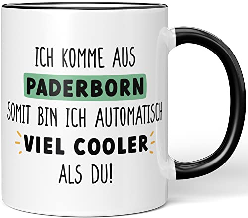 JUNIWORDS Tasse, Ich komme aus Paderborn, somit Bin ich automatisch viel Cooler als du!, Schwarz (1009107)