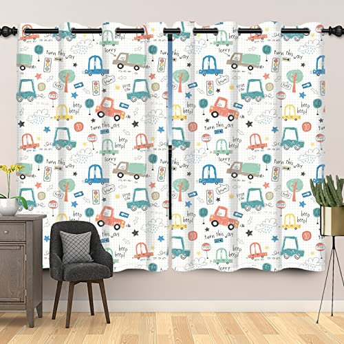 SDOTPMT 107x215cm LKW Handgezeichnet Fenstervorhang Niedlich Auto Verkehr Licht Baum Fenstervorhänge Kinder Paiting Kunst Thema Schiebevorhänge für Kinderzimmer Verdunkelung Vorhänge, 2 Stücke