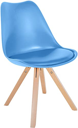 CLP Stuhl Sofia Kunststoff I Esszimmerstuhl Mit Kunstledersitz und Kunststoffschale I Kunststoffstuhl Mit 4-Fuß Holzgestell, Farbe:hellblau, Gestell Farbe:Natur (eckig)