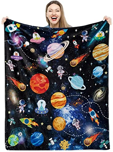 Kuscheldecke Weltraum Jungen Kinder, Weich Warm Flauschige Decke Weltraum Astronaut Flanell Fleecedecke, Plüsch Kuscheldecke Rakete Planet Wohndecke Überwurfdecke für Kleinkind Couch Sofa, 100x130 cm