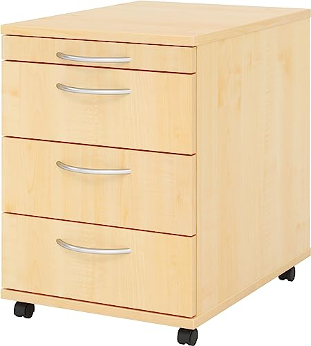 bümö Basic Rollcontainer mit Schubladen, Container aus Holz in Ahorn - Rollwagen für's Büro als Schreibtisch Unterschrank, Bürocontainer od. Schreibtischcontainer mit Bogengriffe