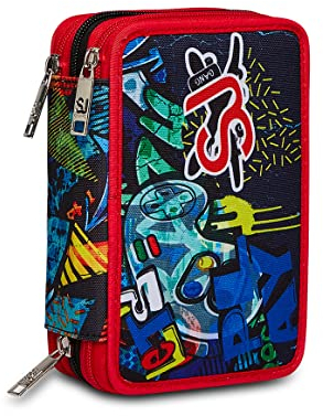 SJ Gang Federmäppchen, Mäppchen, mehrfarbig, Federtasche für Schreibwaren, Etui mit Stiften, Kugelschreiber, & mehr, 3 Fächer, Mädchen & Jungen, Schule - Grundschule, XXL, rot blau