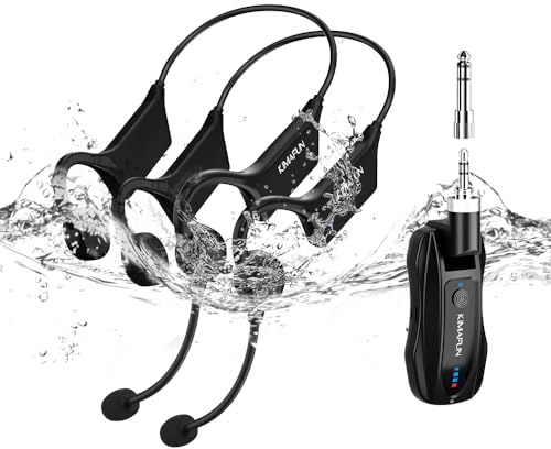 KIMAFUN Dual Wireless Headset Microphone for 2 People,Work 6hs/165FT Range Waterproof Fitness Mics for Water Sports,Fitness Instructor,Yoga Teaching,Speaker,PA,Audio Mixer GWP91-1(2TX1RX)