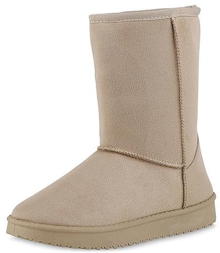 VAN HILL Damen Schlupfstiefel Warm Gefütterte Plateau Stiefel Profilsohle Winter Boots Wildleder-Optik Schuhe Bequeme Winterschuhe 611510 Khaki 40