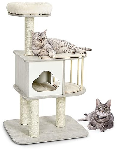 GYMAX Wooden Cat Tree, Cats Play Tower with Perch, Platform, Condo, Cushions, Scratching Posts & Protective Pine Wood Rail, Kitten Activity Centre for Climbing Sleeping (4-Tier: 68x48x117cm, Grey)