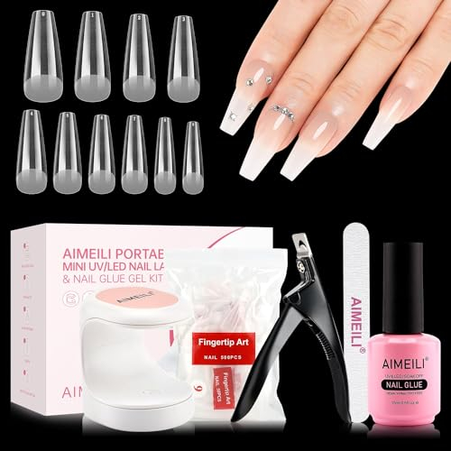 AIMEILI Nail Tips and Glue Gel Kit 500 Stück Nageltips Gel x Nail Extension Set mit Mini Nagellampe, Nagelkleber Gel, Full Cover Nail Tips Press on Nails Nagelknipser