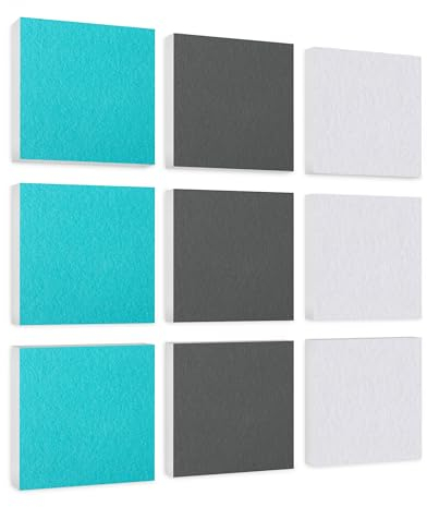 platino24 Akustikpaneele 9 Elemente Colore Quadrat 27,5 x 27,5 cm Türkis + Grau + Weiß I Schallabsorber aus Basotect G+ mit Akustikfilz I Schalldämmung Wand & Decke I Akustikelemente Wandpaneel
