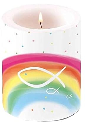 ZauberDeko Kerze Regenbogen Fisch Bunt Windlicht Kommunion Konfirmation Deko 9cm Hoch 7,5cm Ø