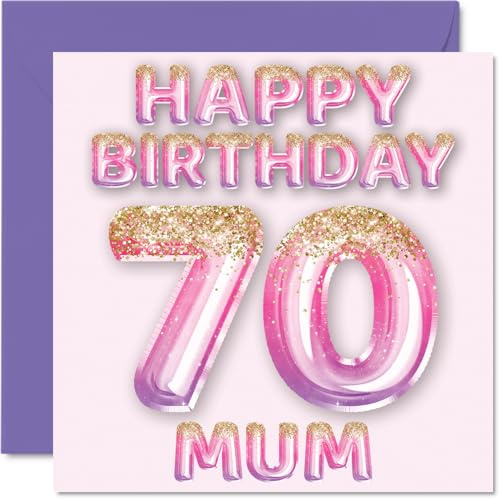 70th Birthday Card for Mum, Pink & Purple Glitter Balloons | Happy Birthday Cards for 70 Year Old Mum Mother from Son Daughter, 145mm Bday Greeting Cards Gift