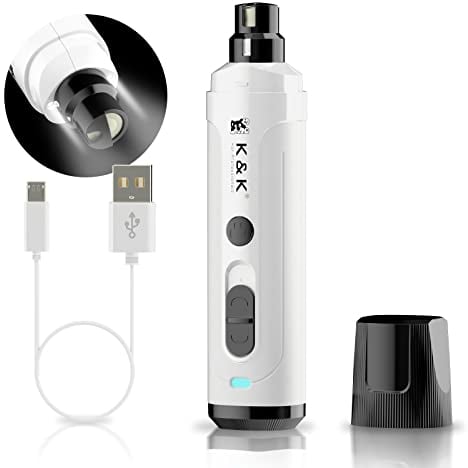 K&K Dog Nail Grinder, Professional 2-Speed Electric Pet Nail Trimmer, LED Light, for Small Medium Large Dogs, Cats (White)