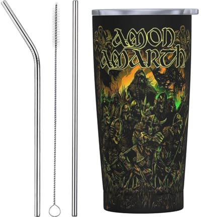 PDNMIJHD Amon Amarth Isolierbecher aus Edelstahl, Reisebecher, Trinkbecher mit Deckel und Strohhalm