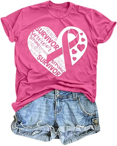 tiorhooe Octobre Rose T-Shirt Ruban Rose T Shirt Femme Cancer du Sein Tee Shirt