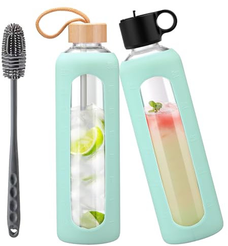 HYDRAGLAZIC 1Liter Trinkflasche aus Glas mit 2 Deckeln – Strohhalmdeckel, Bambusdeckel, Glasflasche mit Silikonhülle, Zeitmarkierung, Wasserflasche Glas für Kaltgetränke,Hellblau