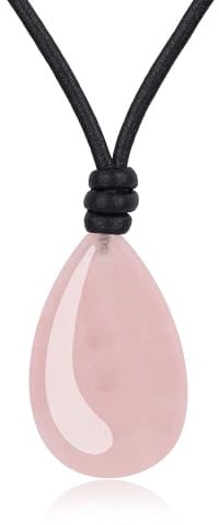 COAI Collana di Pelle da Donna con Ciondolo Goccia di Quarzo Rosa, Collana da Donna in Quarzo Rosa