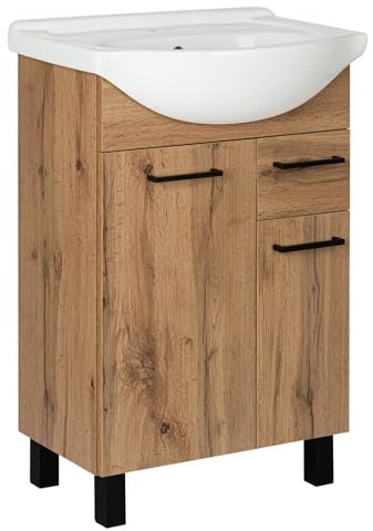 VBChome Badezimmer-Set 56x86x42 cm mit Keramikwaschbecken, Unterschrank mit 2 Türen und Schublade – Traditionelles Design mit schwarzen Metallgriffen