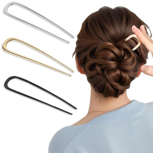 3 Épingles à Cheveux Métalliques en U (Or/Argent/Noir), Accessoire pour Chignon ou French Twist, Epingle Cheveux Femme Pince Chignon