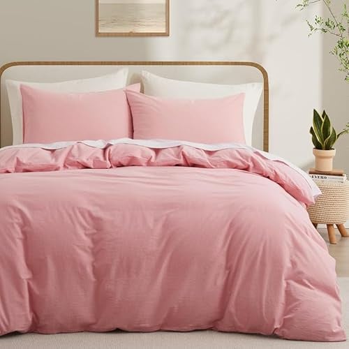 Gezu Housse de Couette Coton 140x200 cm Rose Unie 100% Doux Parure de Lit Adulte Coton Linge de Lit Avancé Literie Aspect Ridée Naturel avec Fermeture Éclair et 1 Taie d'oreiller 65x65cm