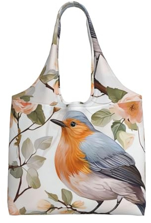 WLKSNBVD Canvas-Tragetasche für Damen, Geldbörse, Blumendruck, Aquarell, Rotkehlchen, Vogel, Handtasche, Umhängetasche, Schultertasche, Einkaufstasche
