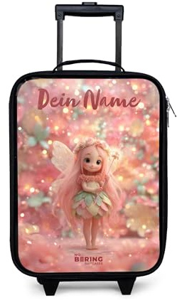 NoBoringSuitcases© Kinderkoffer Klein Personalisiert mit Name Rollkoffer | 48x31x19 cm - Kleiner Kinder Koffer mit LED Rollen Kindertrolley für Kind Blumenfee - Rosa