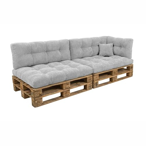 POKAR Palettenkissen 6er Set aus Cordstoff: 2X Sitzkissen 120x80 + 2X Rückenkissen 120x40 + Seitenkissen + Dekokissen | Gesteppte Palettenauflage für Loungemöbel | Oeko-TEX | Made in EU | Grau