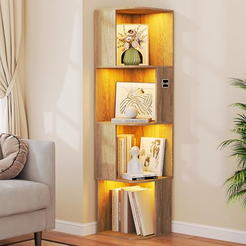 Lvifur 140cm Bücherregal mit 4 Ebenen & LED-Beleuchtung für Büro,Wohnzimmer | Eckregal stehend,buchregal, Book Shelf mit Bewegungsmelder für Schlafzimmer,Küche