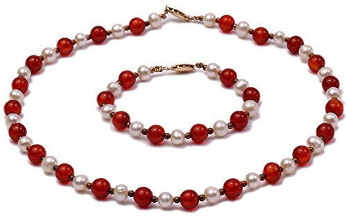 JYX Pearl - Echt Zuchtperlen Set weiße Süßwasserperle und rote Achat Perlen Halskette und Armband-Set