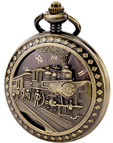 Treeweto - Antico orologio da taschino, da uomo, movimento meccanico visibile, cassa cava in bronzo, incisione effetto 3D di un treno a vapore, numeri romani