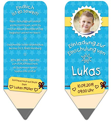 Kartenmachen.de Personalisierte Lasergeschnittene Einschulung Einladungskarten für Jungen ab 10 Stück Schulanfang Einladungen individuell selbst gestalten - Bleistift Blau
