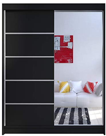 Mirjan24 Kleiderschrank Metropolis III mit Aluminiumgleitschienen Schwebetürenschrank Kleiderstange Einlegeboden Garderobe Schlafzimmerschrank (Schwarz/Schwarz + Spiegel, ohne Beleuchtung)